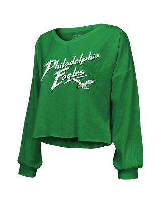 Women's Threads Saquon Barkley Kelly Green Philadelphia Eagles Name Number Off-Shoulder Script Cropped Long Sleeve V-Neck T-Shirt