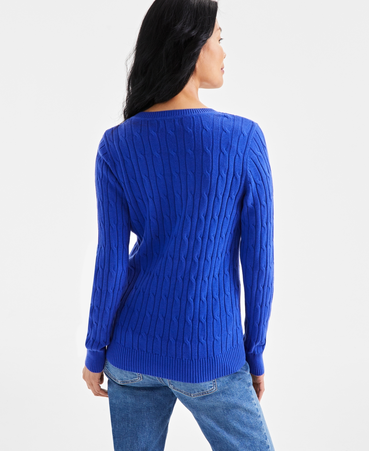 Style & Co Women's Cotton Cable-knit V-neck Sweater, Created For Macy's In Blue