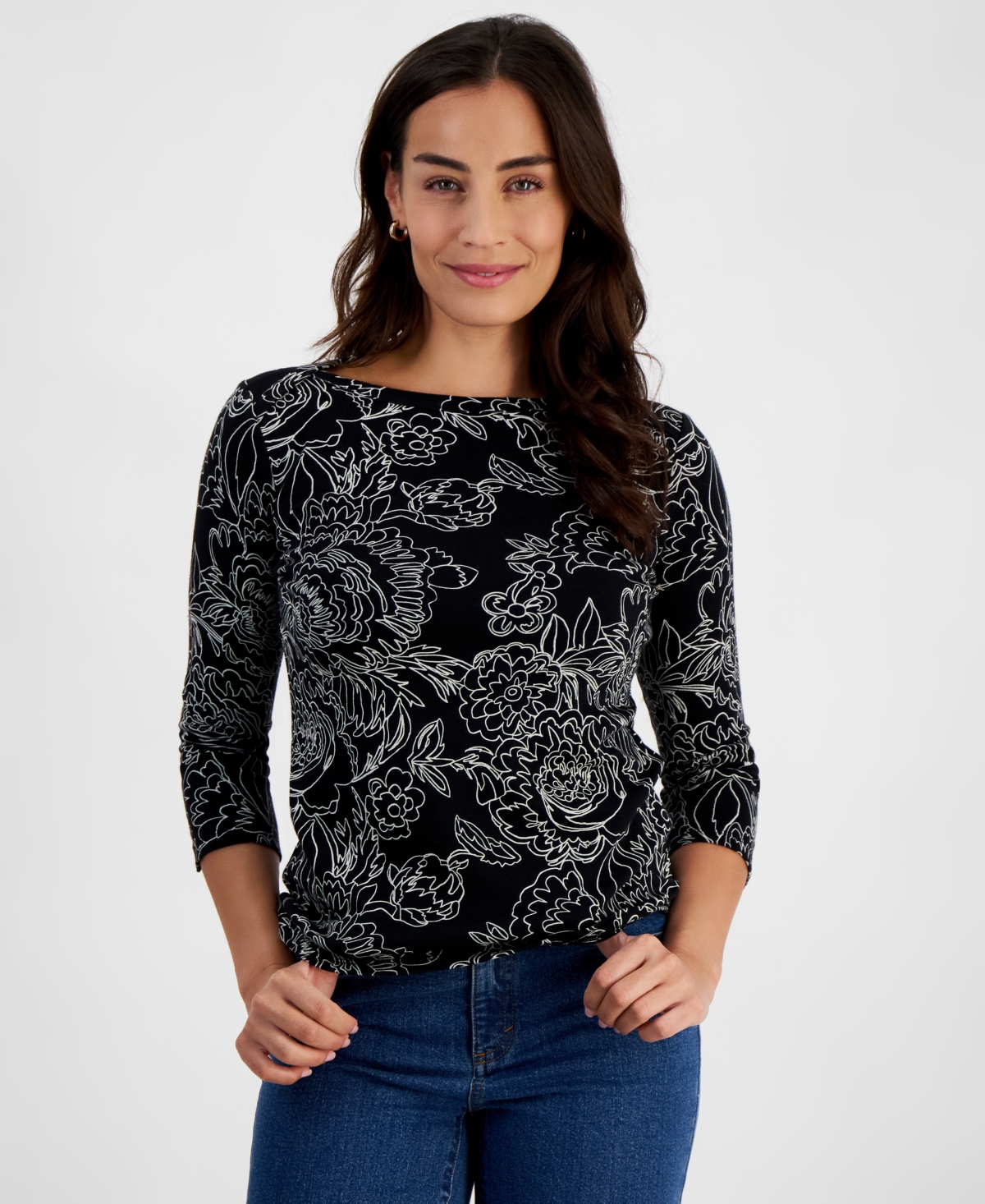 Style & Co Women's Pima Cotton Printed 3/4-sleeve Top, Created For Macy's In Linewk Black