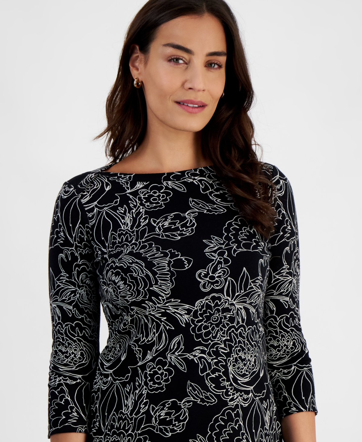 Style & Co Women's Pima Cotton Printed 3/4-sleeve Top, Created For Macy's In Linewk Black