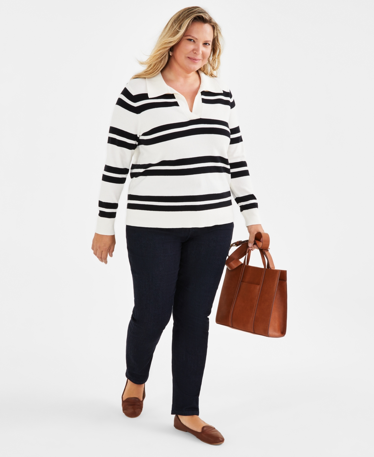Style & Co Plus Size Striped Johnny-Collar Pullover Sweater, Created for Macy's