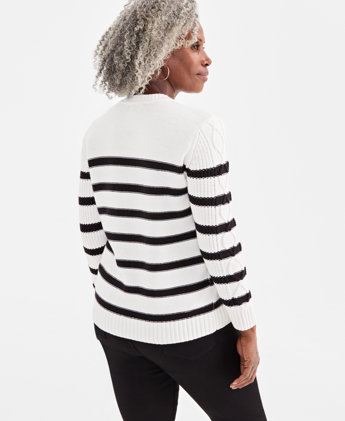 Style & Co Women's Striped Cable-knit Button-shoulder Sweater, Created For Macy's In Country Natural