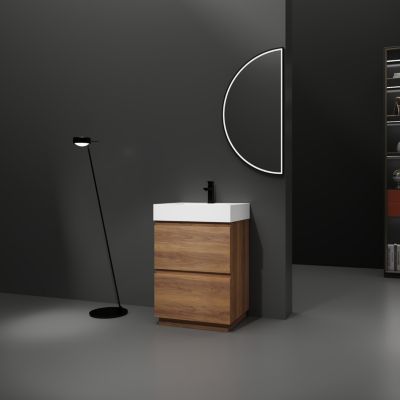 24" Modern Bathroom Vanity with Single Sink, Double Drawer, Brown