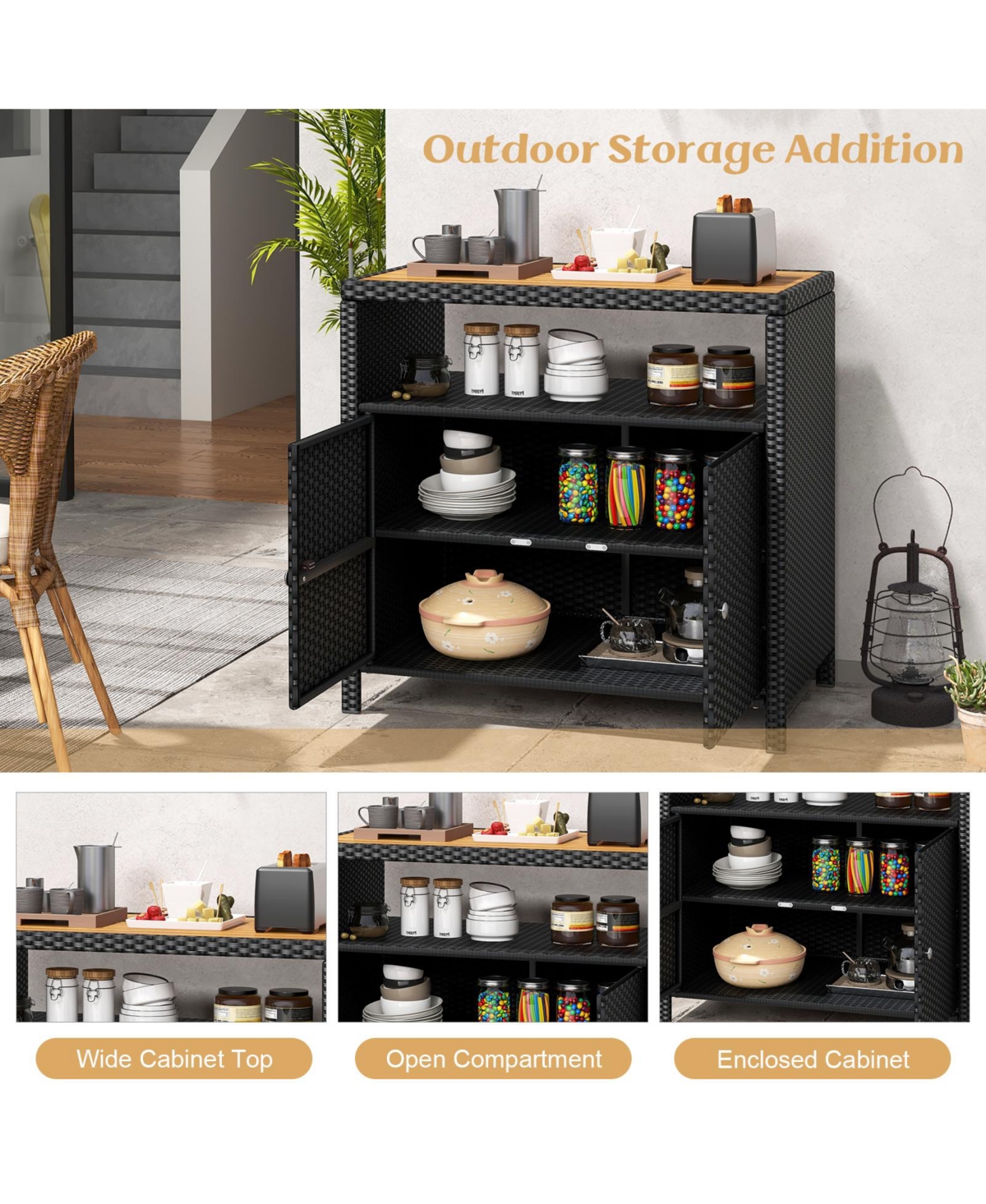 Slickblue Rattan Storage Cabinet with Acacia Wood Countertop for Poolside Deck and Patio