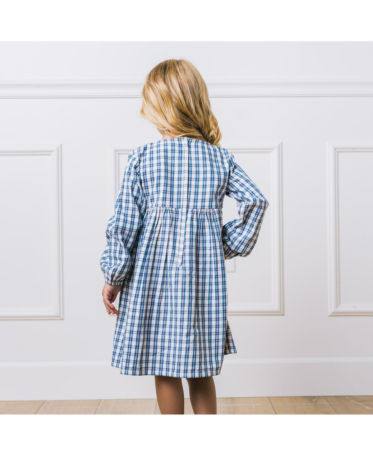 Hope & Henry Toddler Girls Long Sleeve Calvary Twill Smocked Front Dress - Ivory and blue check