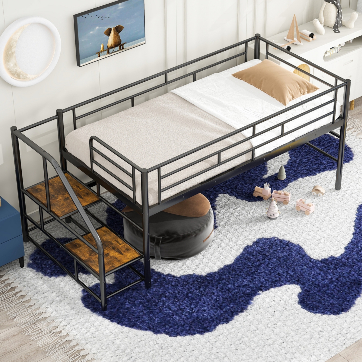Streamdale Twin Loft Bed with Storage Stairs, Black