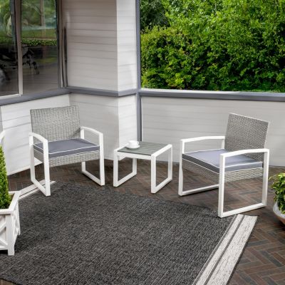 Selby 3-Piece Modern Coastal Faux Wicker Conversation Outdoor Patio Set, White/Black/Brown