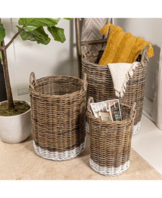 Ternion Cottage Hand-Woven Rattan Nesting Baskets with Handles, Kubu Gray/White (Set of 3)
