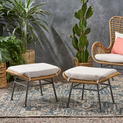 Streamdale Modern Rattan Ottoman With Water-Resistant Cushions