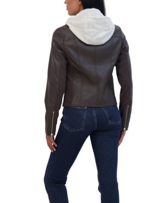 Women's Faux Leather Biker Jacket With Removeable Hood Bib