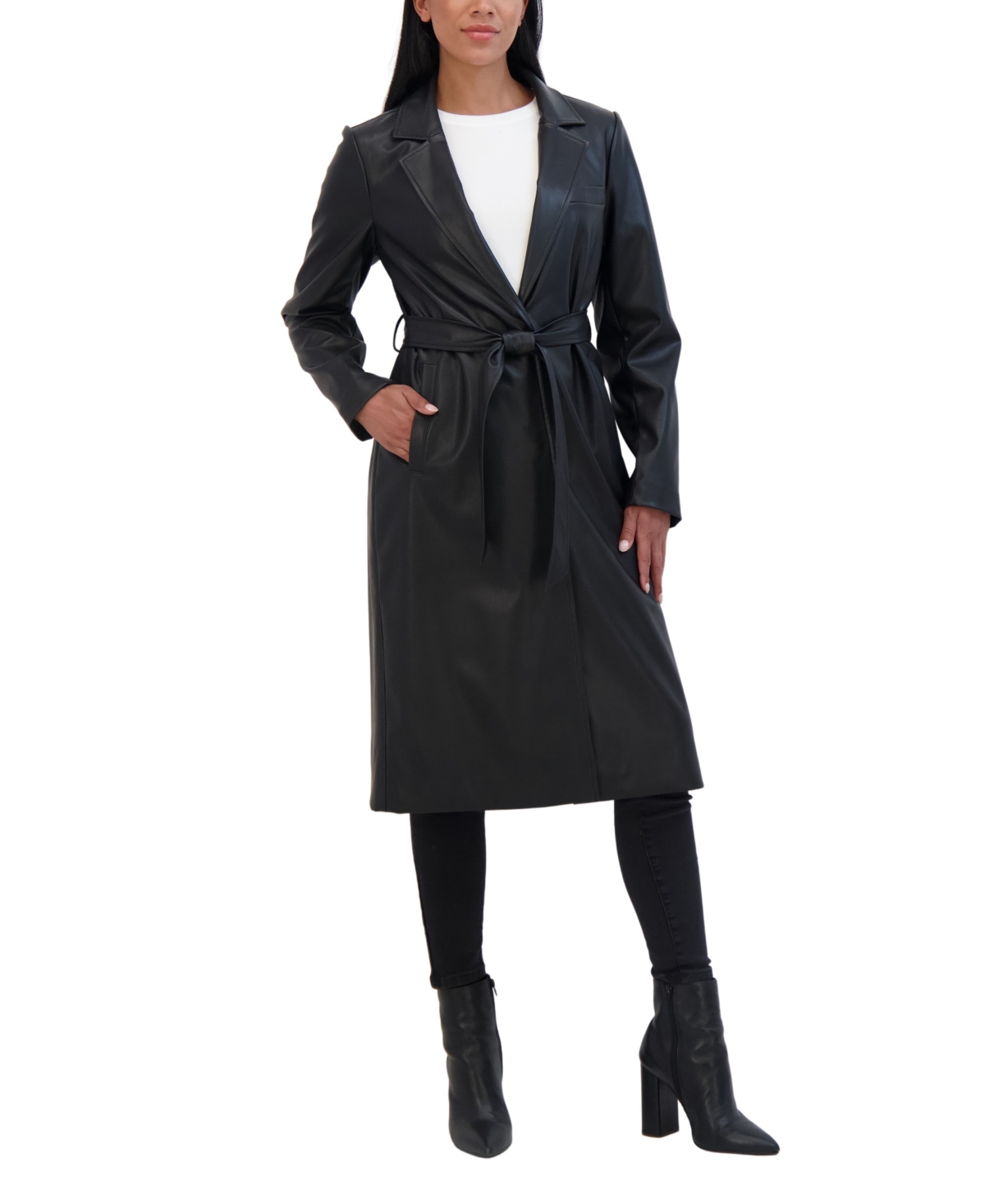Sebby Collection Women's Belted Snap Front Faux Leather Long Trench Coat
