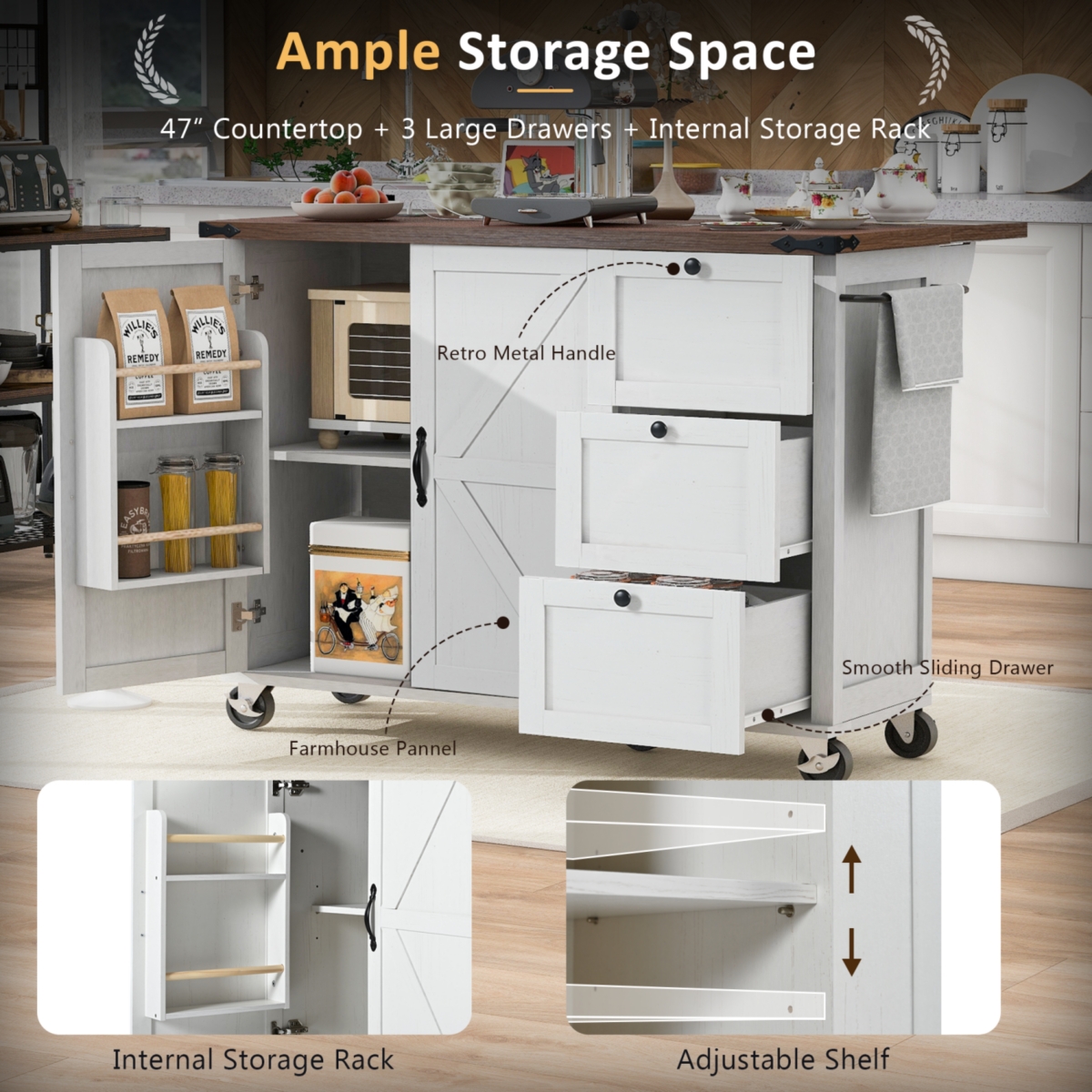 Streamdale Furniture Black Farmhouse Kitchen Island with Storage, Drop Leaf, Power Outlet, Wheels