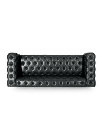 3-Seat Sofa: Button-Tufted, Solid Wood Legs, PU Fabric