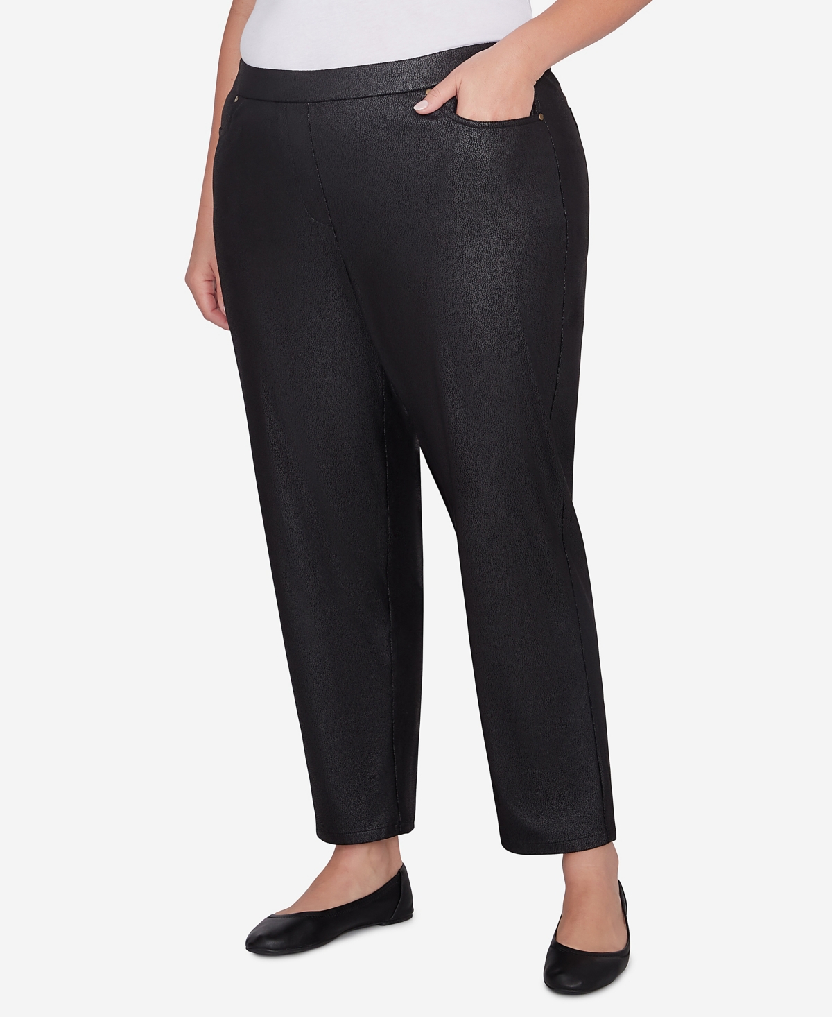 Alfred Dunner Plus Size Rue Rivoli Faux Leather Flat Elastic Waist Medium Length Pant