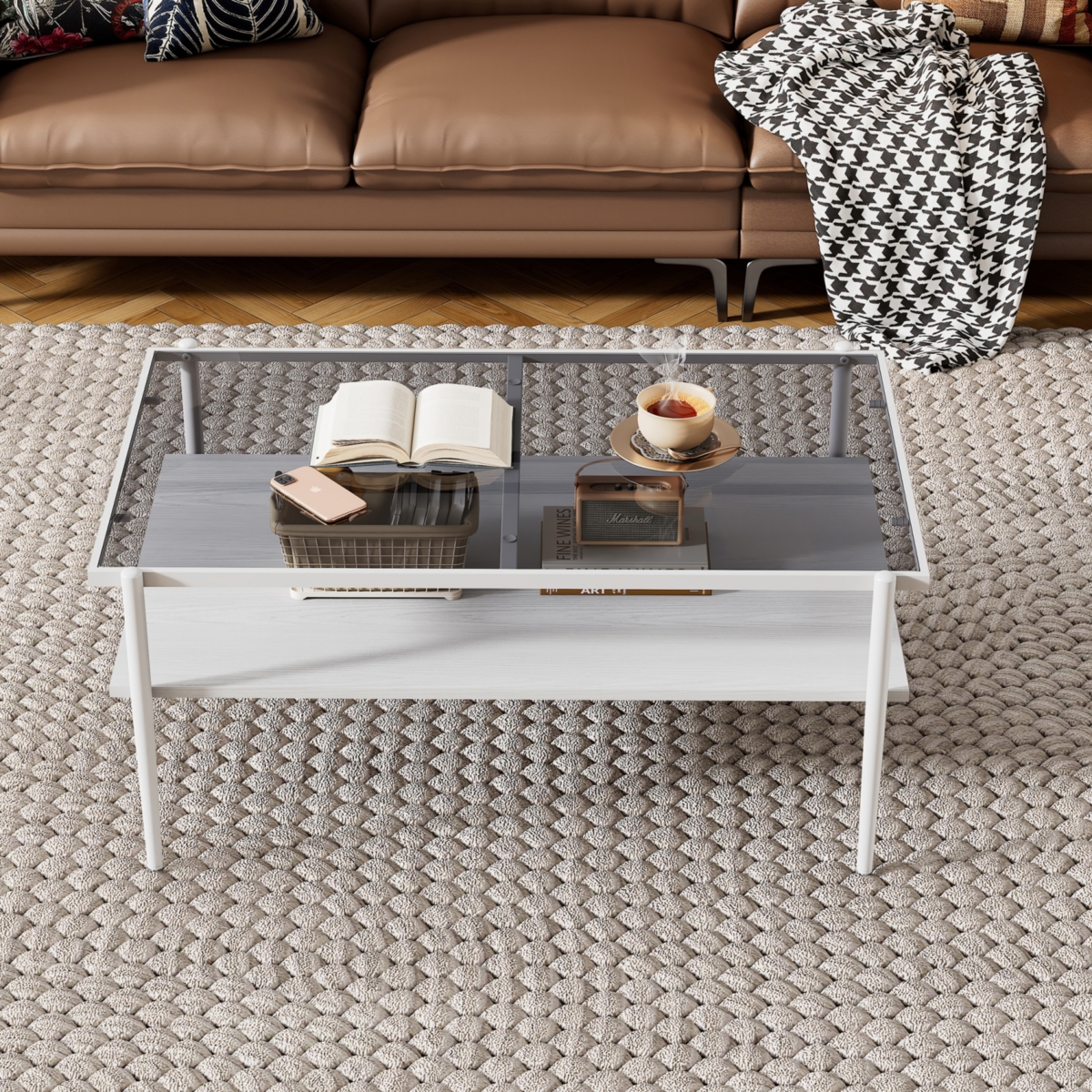 Modern Glass Coffee Table with White Legs