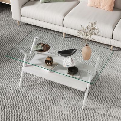 Modern Glass Coffee Table with White Metal Legs