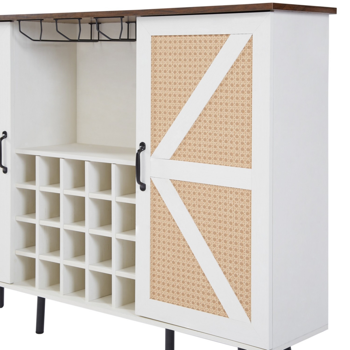 Simplie Fun White Faux Rattan Wine Cabinet with Wine Rack & Glass Holder