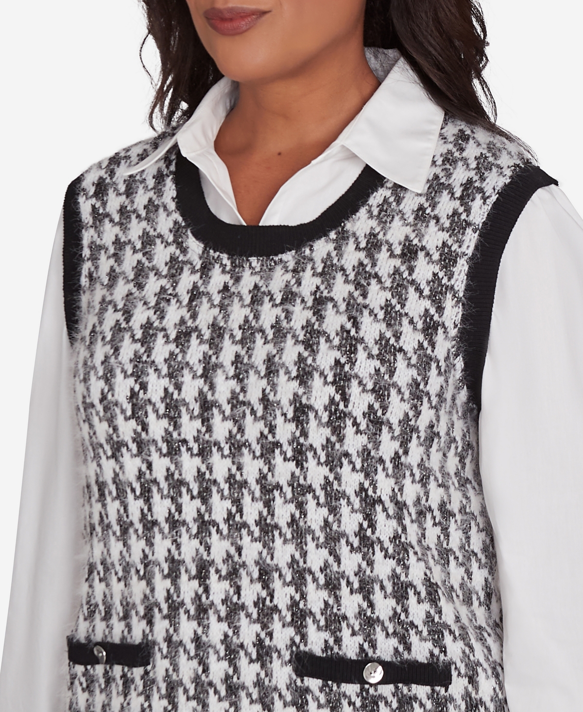 Alfred Dunner Petite Runway Ready Collared Houndstooth Vest Two In One Sweater In Multi Black