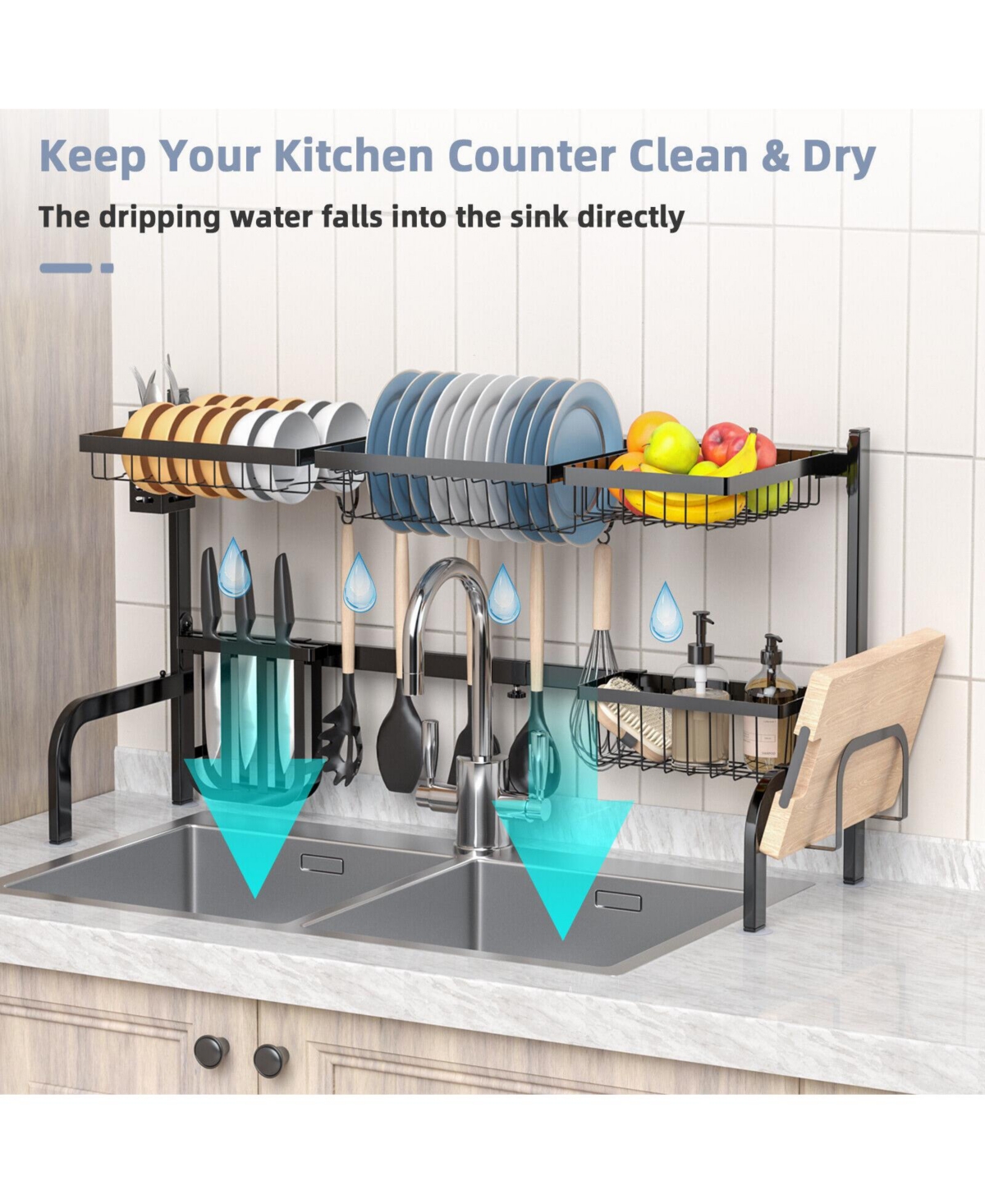 Slickblue 2 Tier Adjustable Over Sink Dish Drying Rack with 8 Hooks