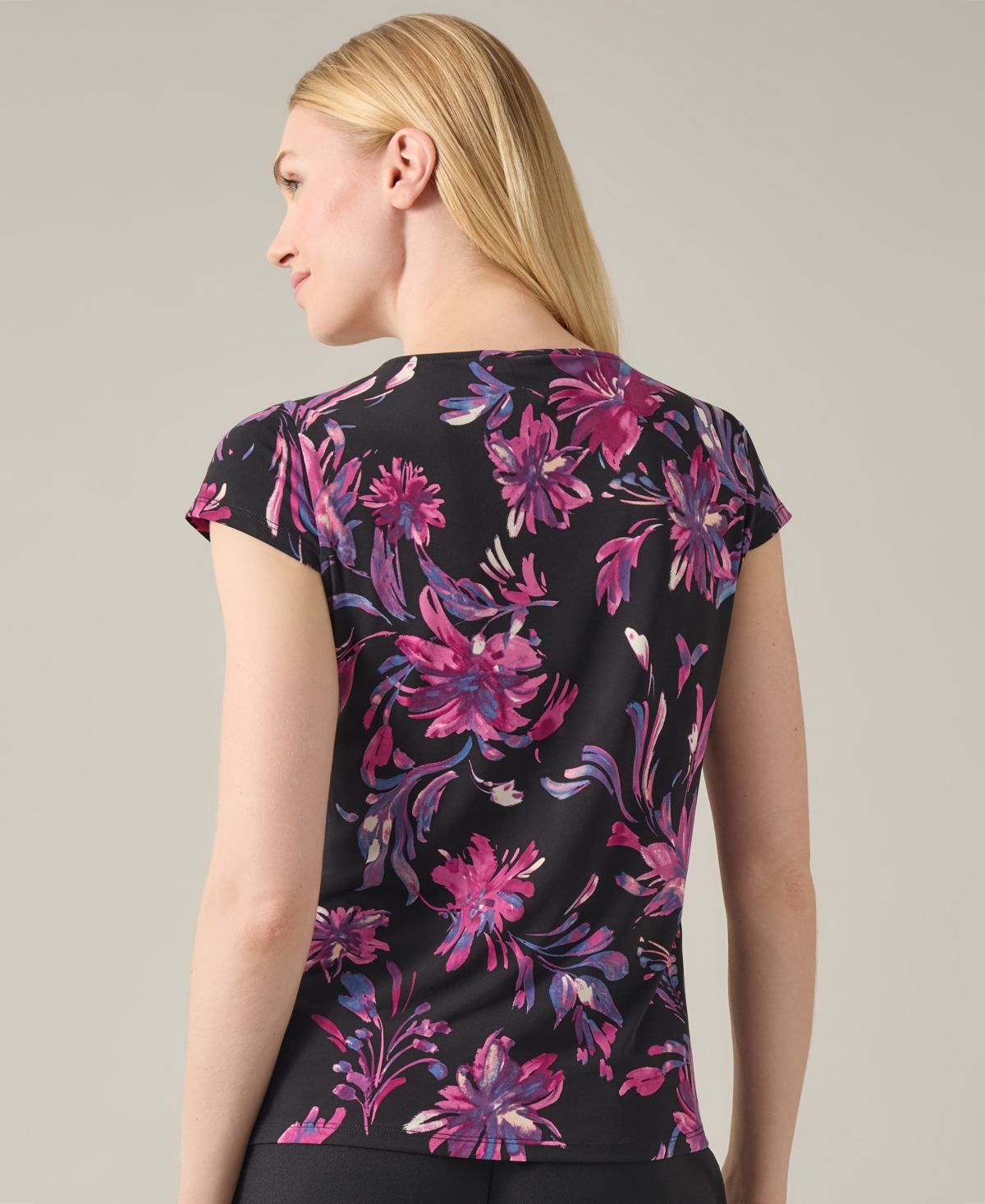Kasper Women's Printed Cowl-Neck Cap-Sleeve Top -Cerise Multi