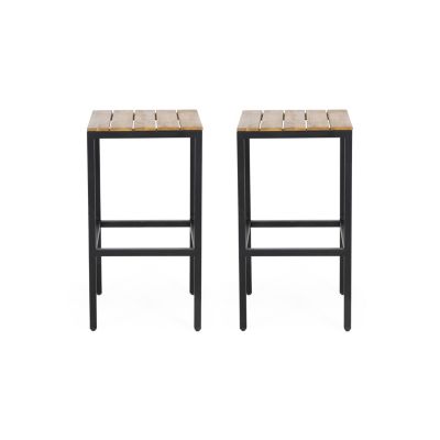 Noe Acacia Wood Bar Stools, Set Of 2, Teak Finish, Black