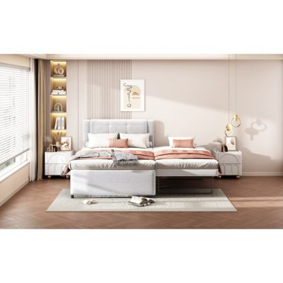 Beige Upholstered Platform Bed with Trundle
