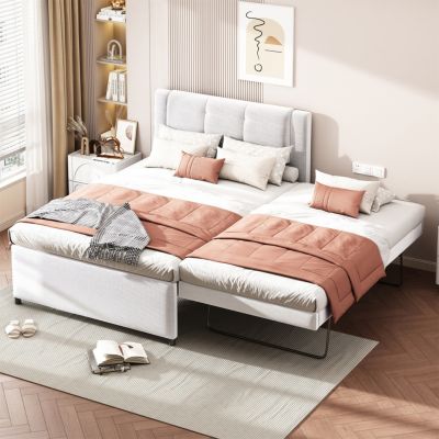 Beige Upholstered Platform Bed with Trundle