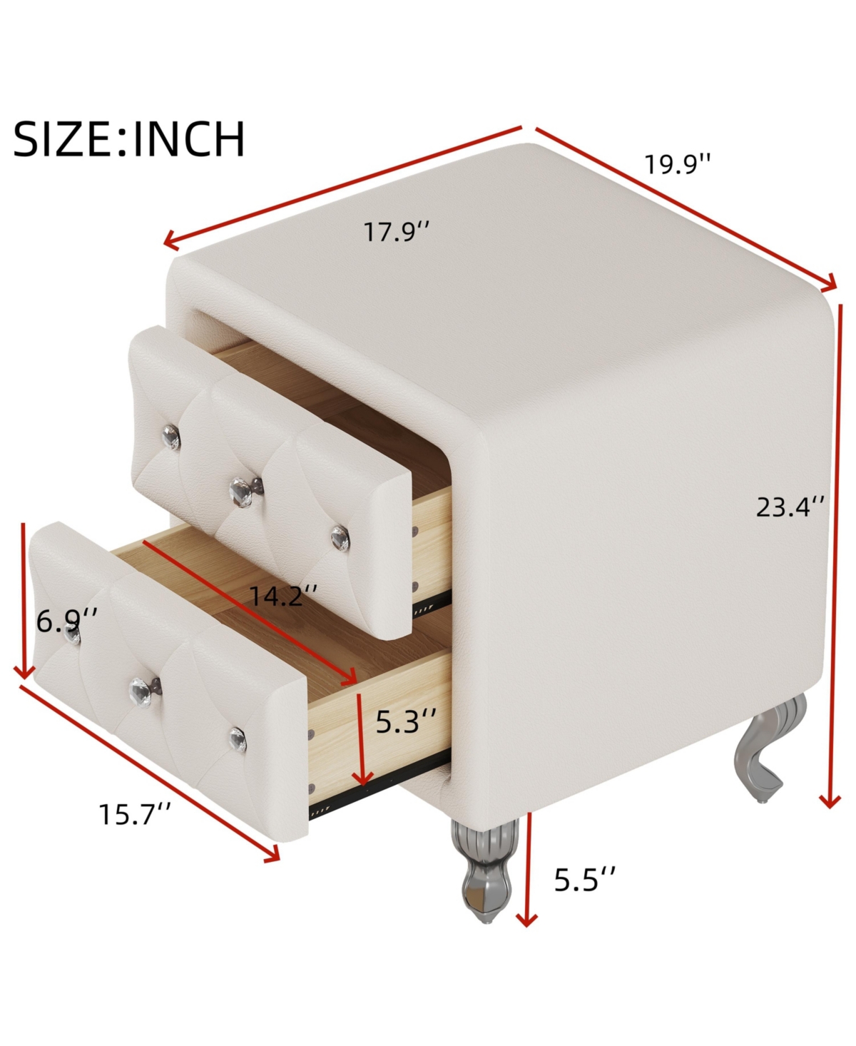 Streamdale Furniture Elegant Pu Nightstand with 2 Drawers, Crystal Handle, Storage