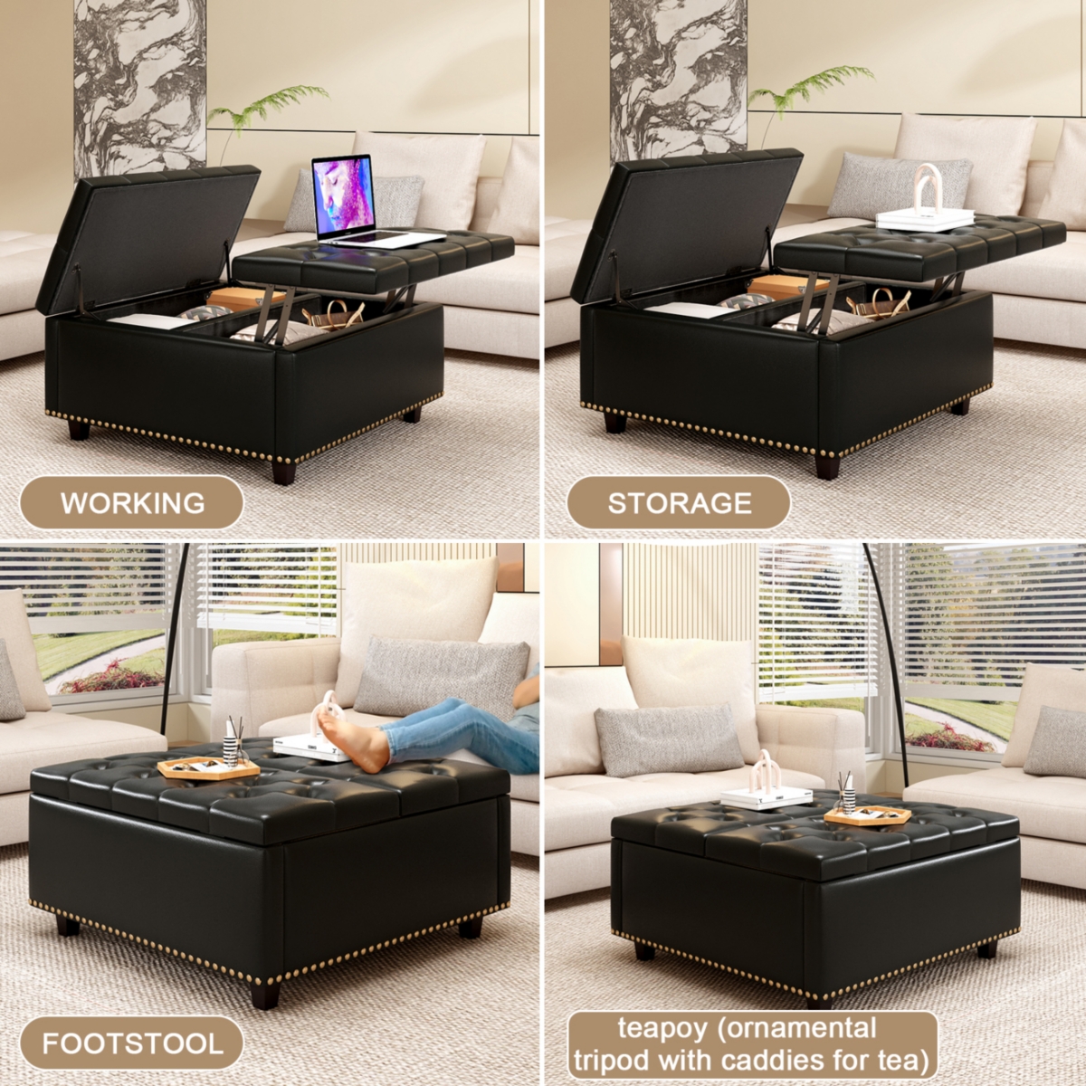 Streamdale Furniture Pu Leather Oversized Storage Ottoman with Nailhead Trim