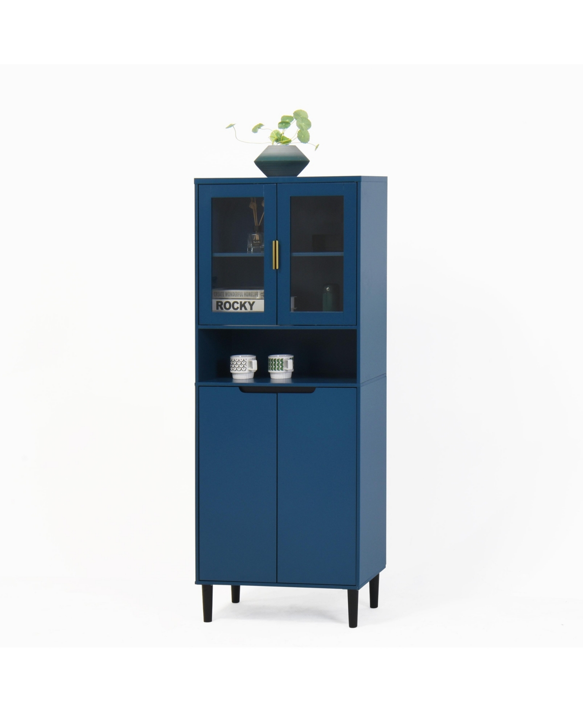 Streamdale Furniture Tall Storage Cabinet with Glass Display & Doors, Modern Blue Cabinet