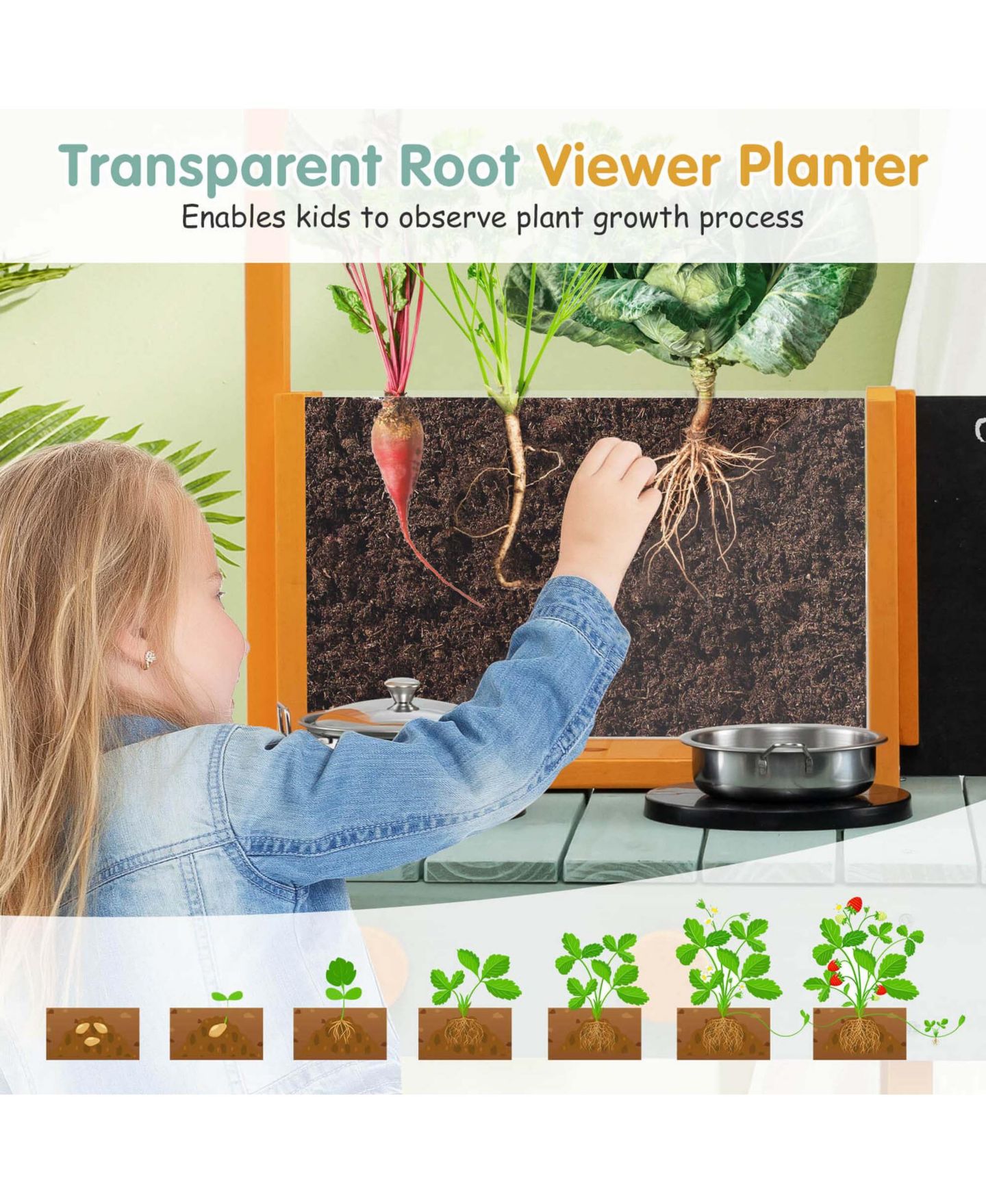 Игровой набор Costway Outdoor Root Viewer, грядка и грязевая кухня, 9 предметов, от 3 лет, цвет: Натуральный — фото 6