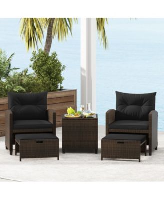 5 Pieces Patio Rattan Furniture with 2 Ottomans and Tempered Glass Coffee Table