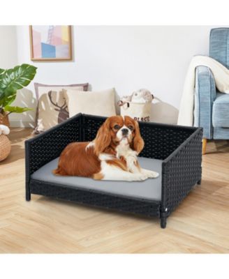 Rattan Dog Bed with Waterproof Soft Cushion for Medium Small Dogs Cats-Grey