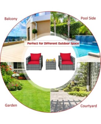 3 Pieces Patio Rattan Furniture Bistro Sofa Set with Cushioned