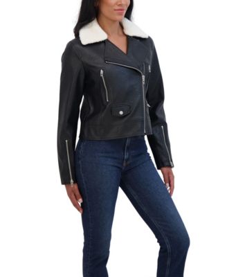 Women's s Faux Leather Moto Jacket With Detachable Faux Fur Collar