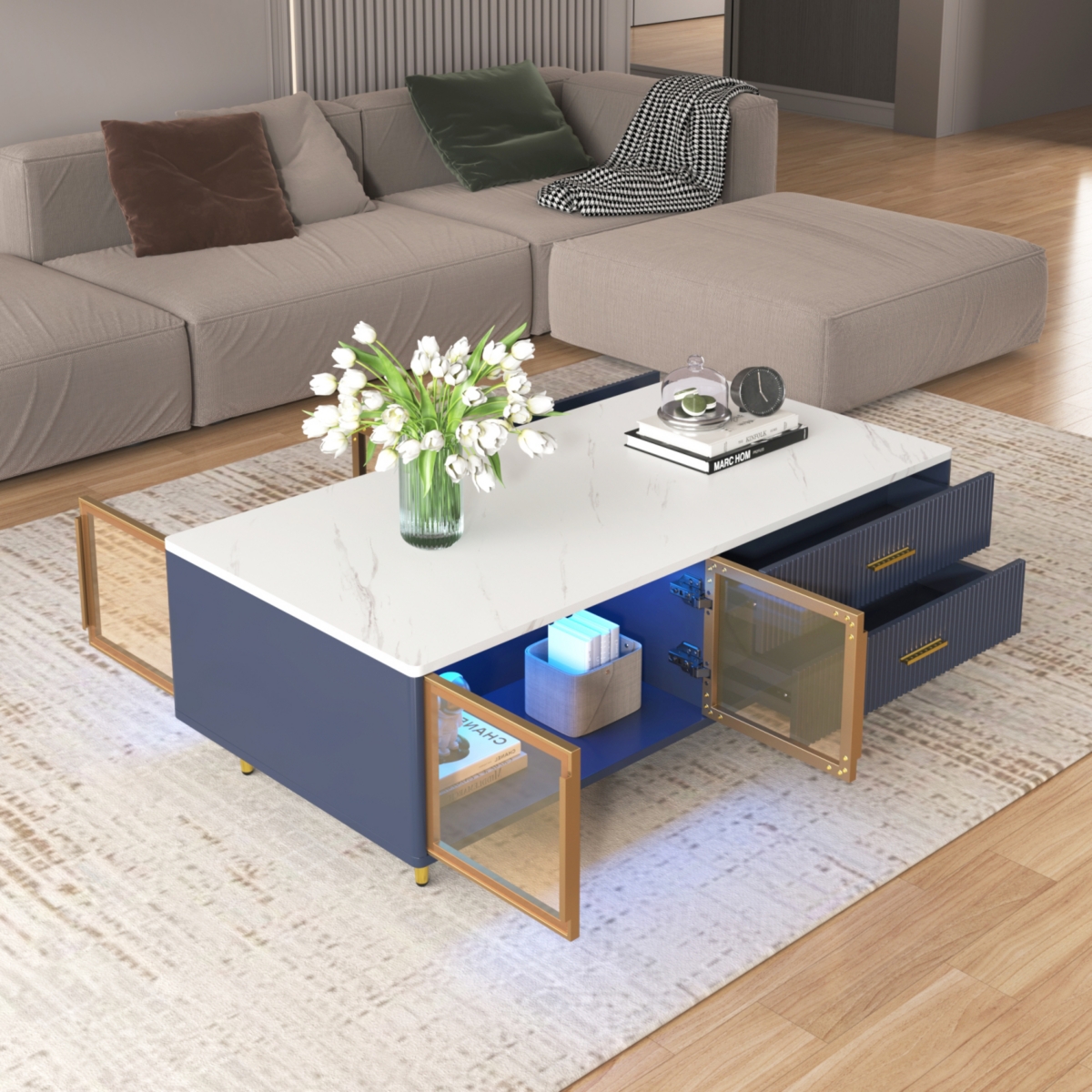 Streamdale Furniture Modern Blue Coffee Table with Storage & Lighting
