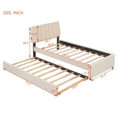 Streamdale Teddy Fleece Twin Platform Bed with Trundle, LED Lights, Beige