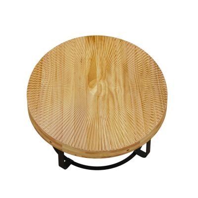Modern Round Coffee Table with Carved Pine Top and Metal Legs