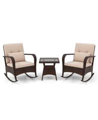 3 Piece Outdoor Rocking Set with Tempered Glass Coffee Table for Backyard Poolside