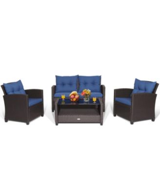 4 Pieces Patio Rattan Conversation Furniture Set with Glass Top Coffee Table
