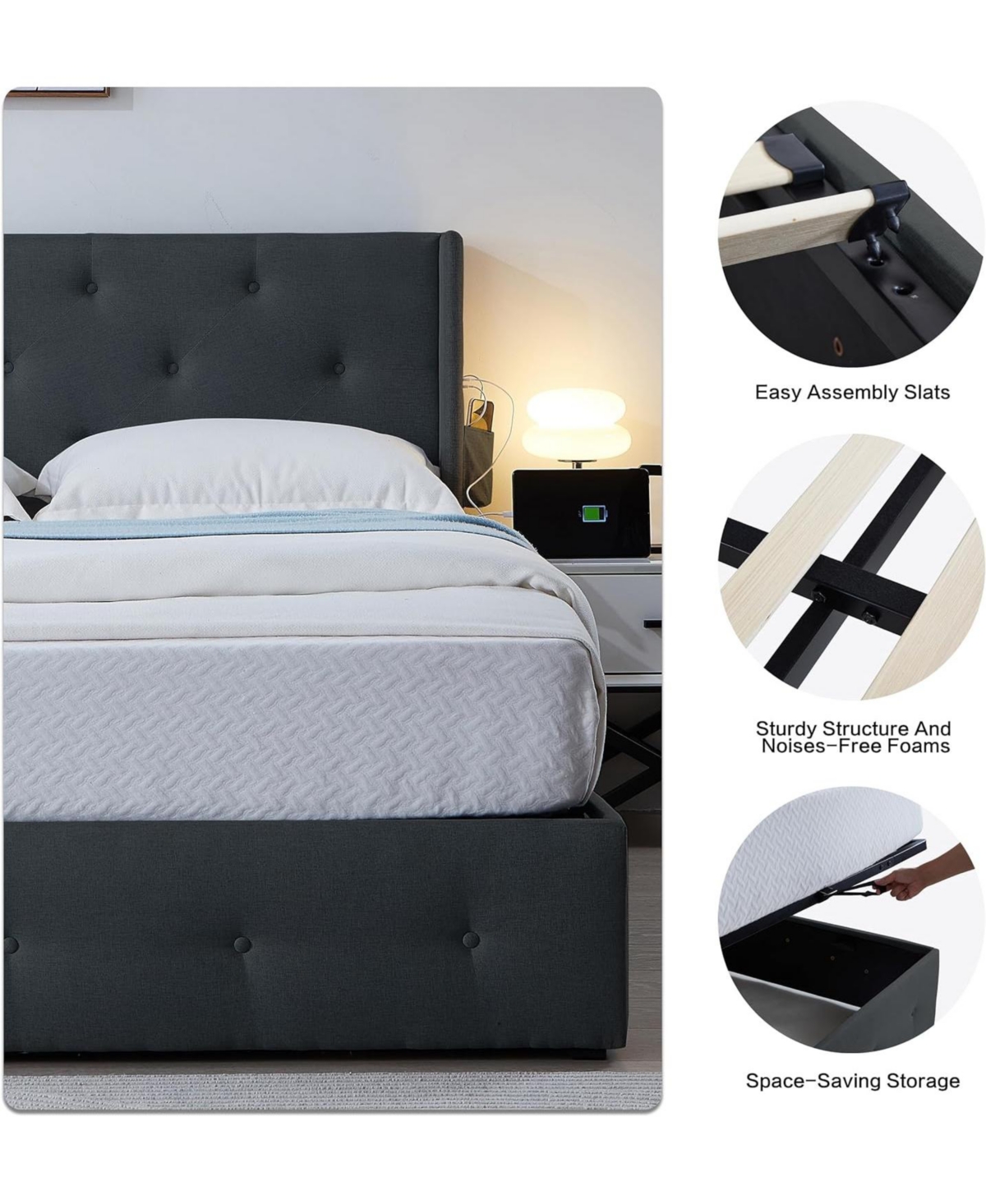 Streamdale Furniture Full-Size Bed Frame with Storage, Usb Ports, Modern Wingback Headboard