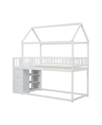 Twin House Bunk Bed with Shelves, Drawers, and Playful Roof Design