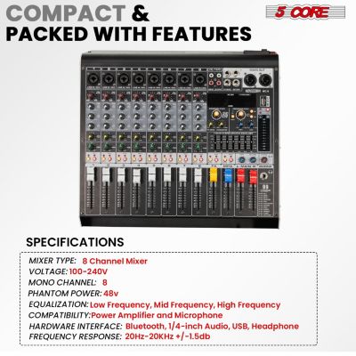 Audio Mixer 8 Channel DJ Controller Professional Sound Board Bluetooth USB 48V MX 8CH L