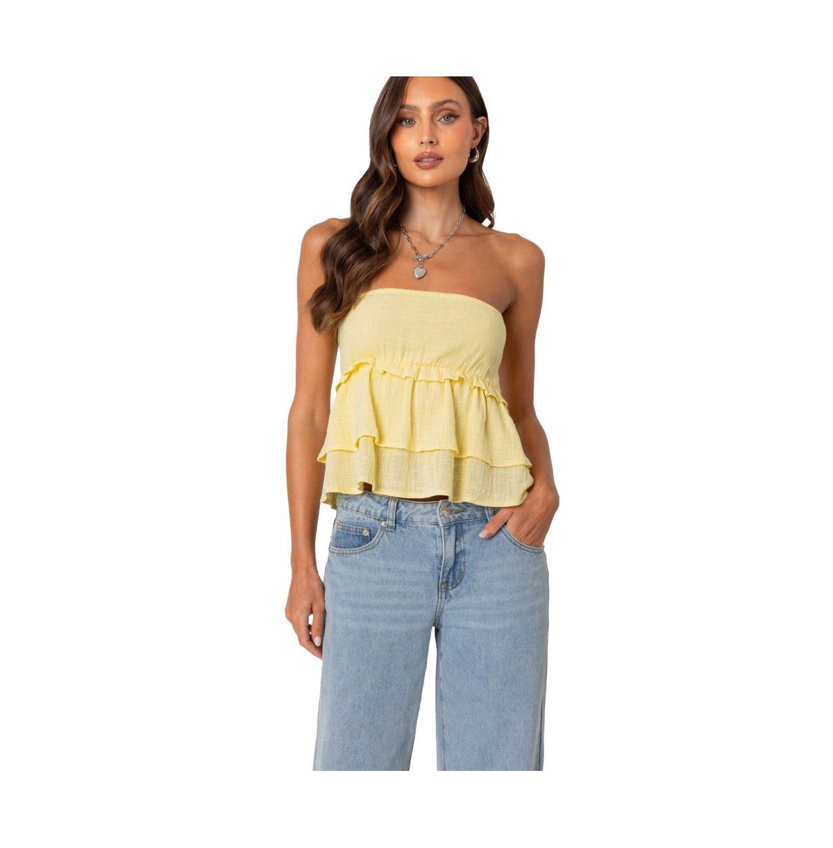 Edikted Women's Linen look strapless peplum top