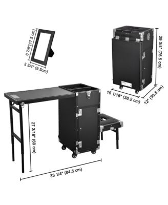 Rolling Makeup Train Case Patented Design Pedicure Nail Salon Nail Foldable Trolley Cosmetic Organizer Black with Stool