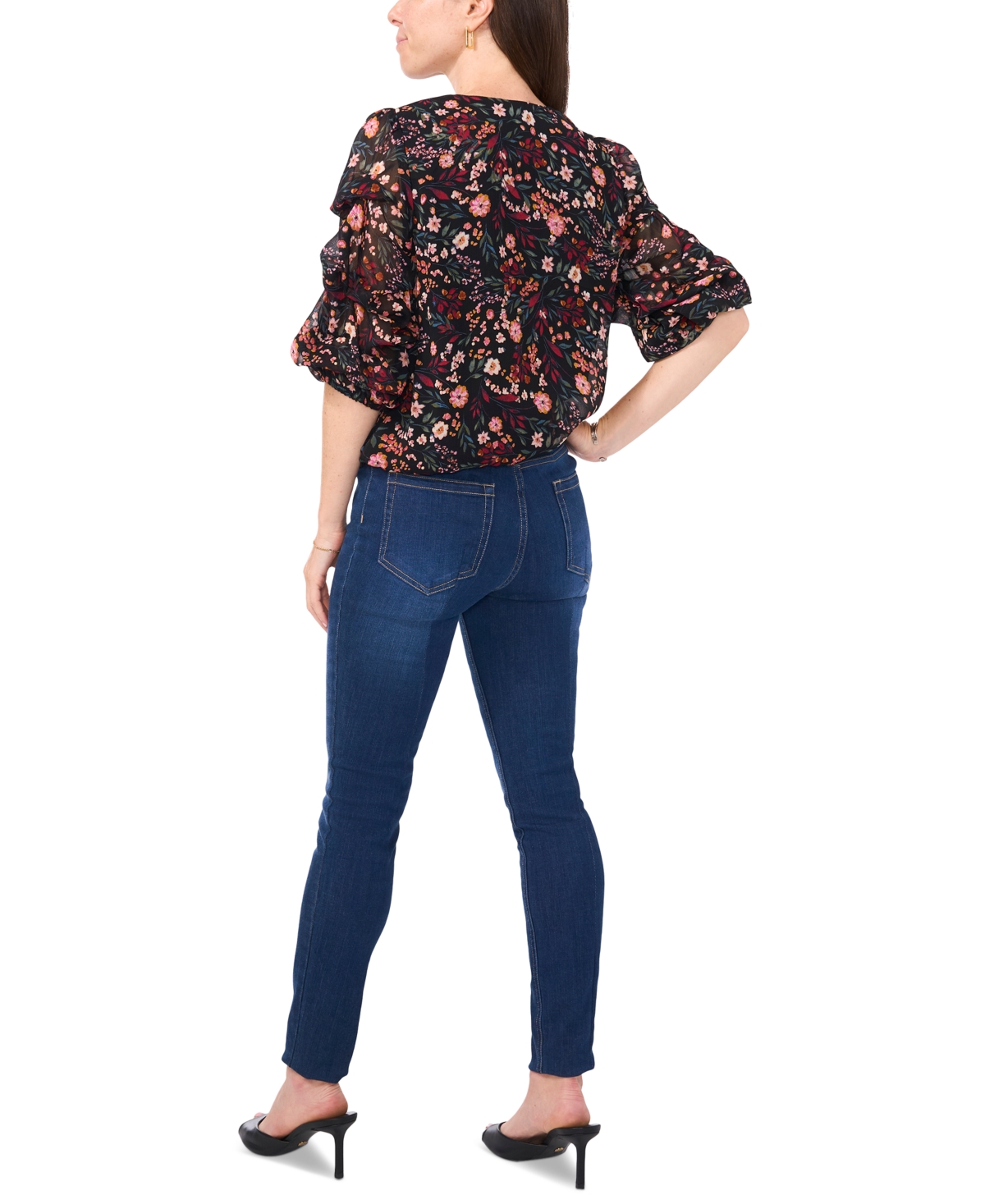 Sam & Jess Petite V-Neck Floral-Print 3/4-Sleeve Top - Black 001