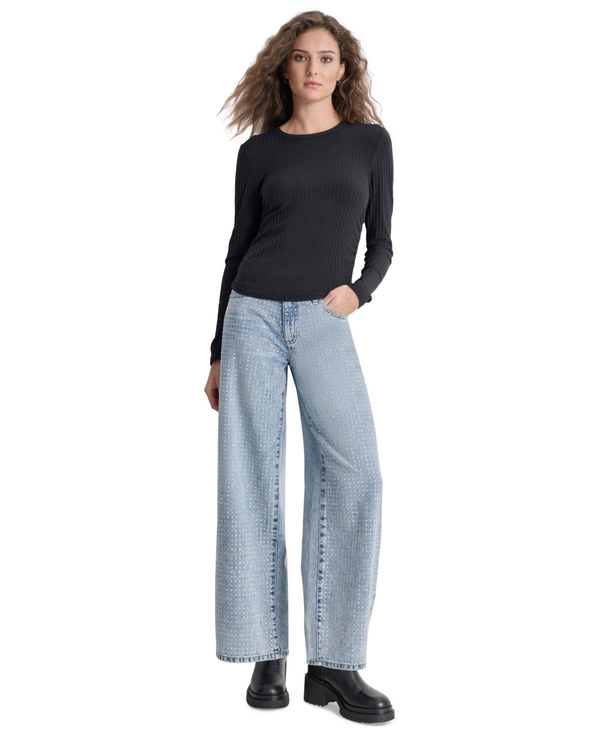Dkny Jeans Petite Long-Sleeve Ribbed Crewneck