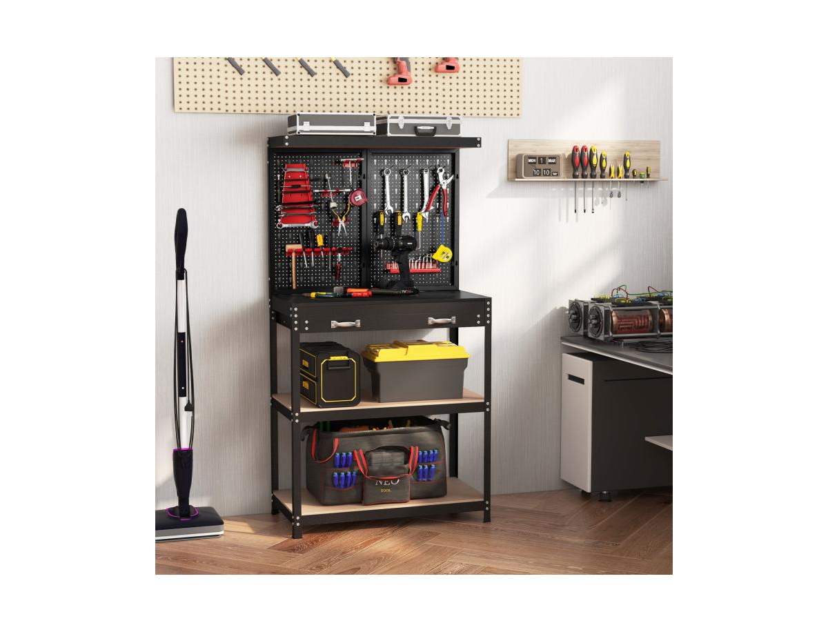 Slickblue Tool Storage Workbench with Pegboard with 14 Hanging Accessories for Garage - Red