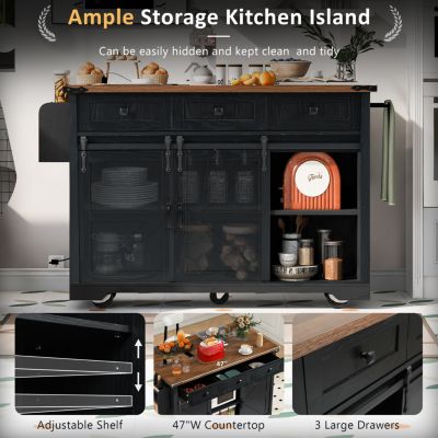 Black Wood Grain Farmhouse Kitchen Island with Sliding Doors