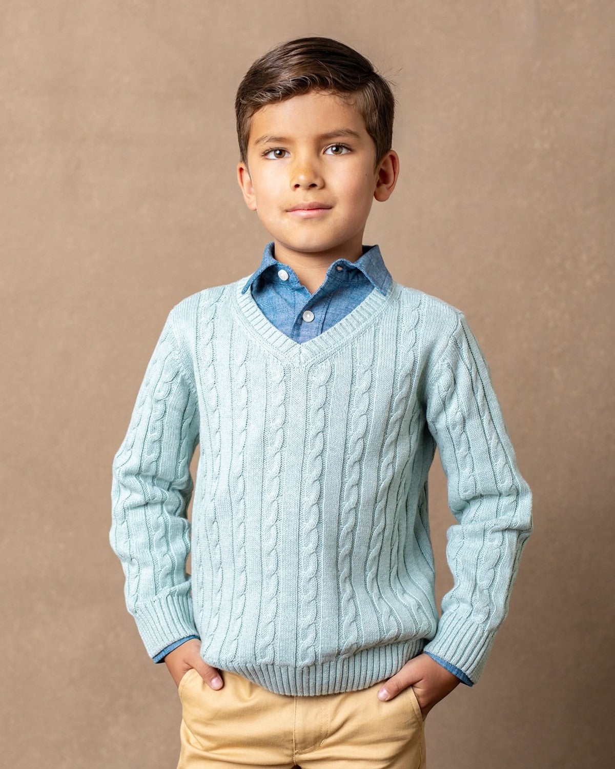 Hope & Henry Baby Boys Organic Long Sleeve Fine Gauge Cable V-Neck Sweater